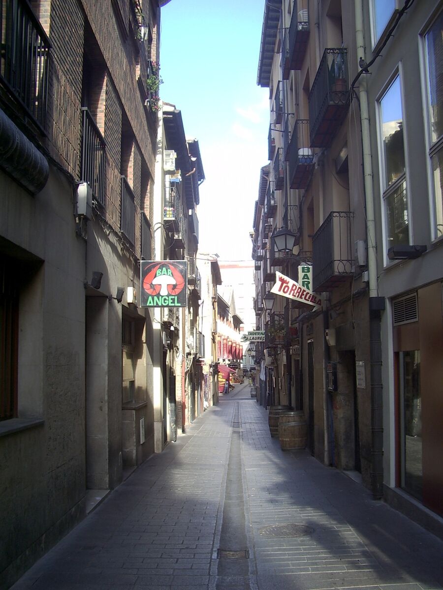 Vista de la calle Laurel de Logroño, estrecha y peatonal, con los rótulos de sus bares