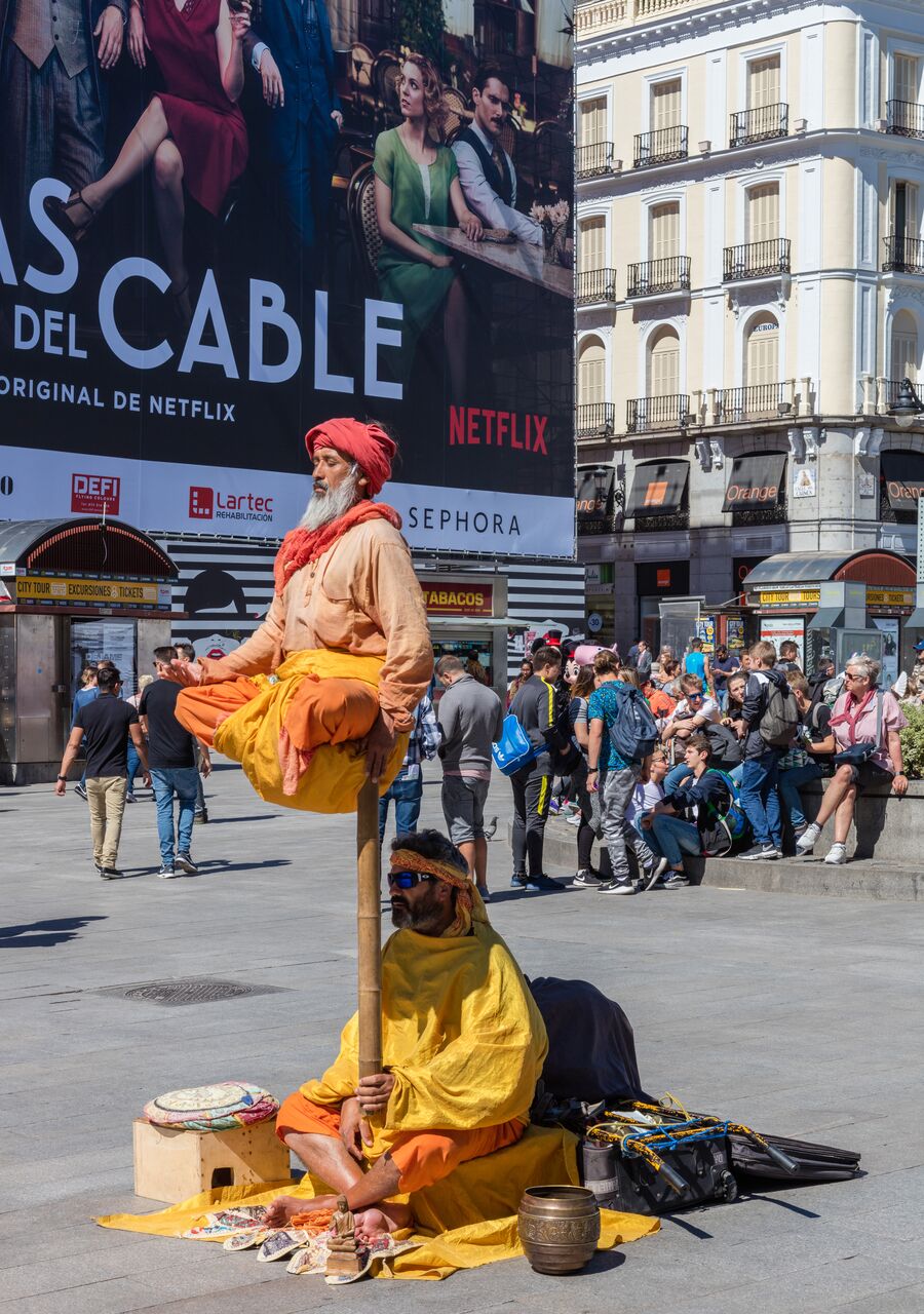 Artistas callejeros en la Puerta del Sol, en Madrid