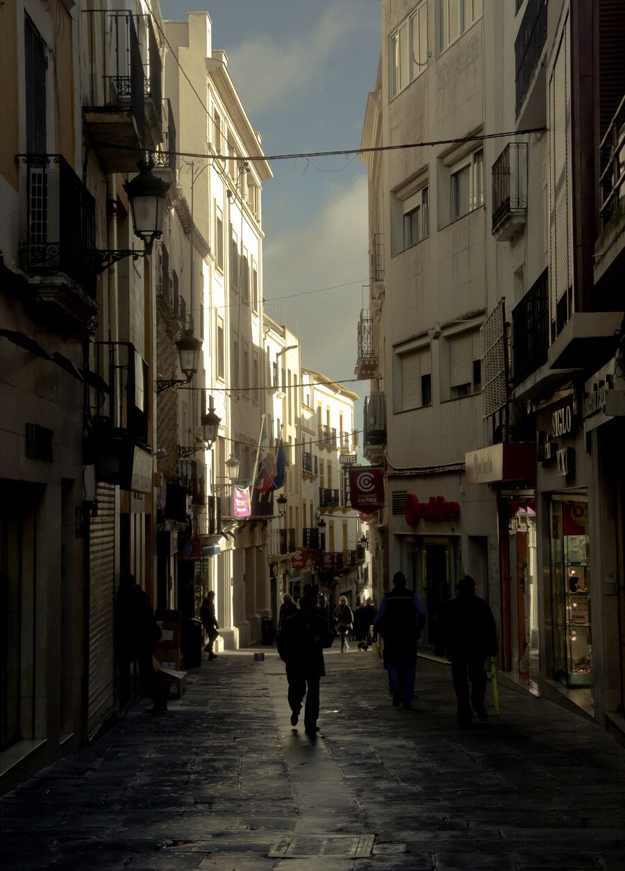 Calle Pintores de Cáceres con comercios y gente paseando